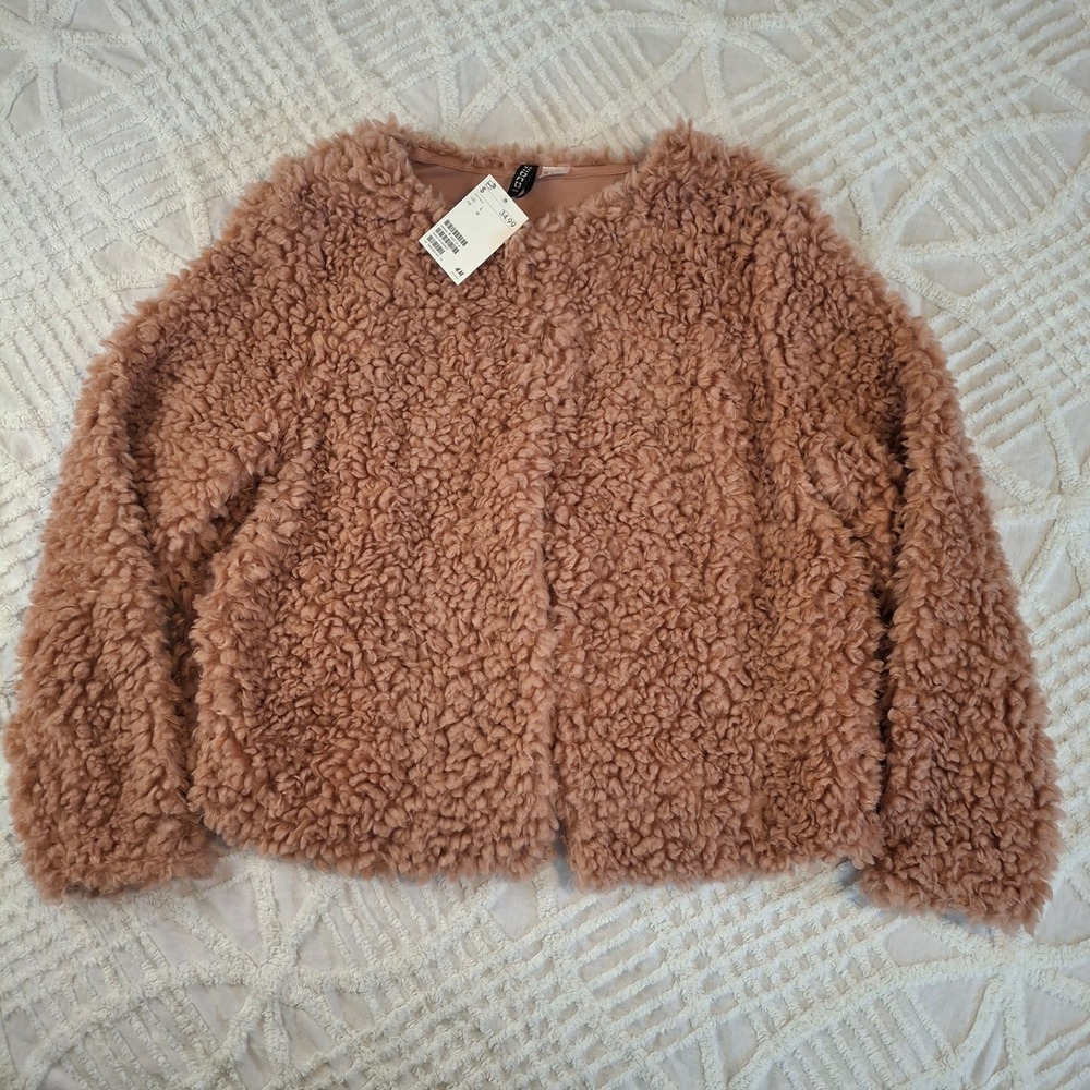 H&M Divided Womens Large Teddy Faux Fur Jacket Dusty Rose Pink Cropped Coat NWT